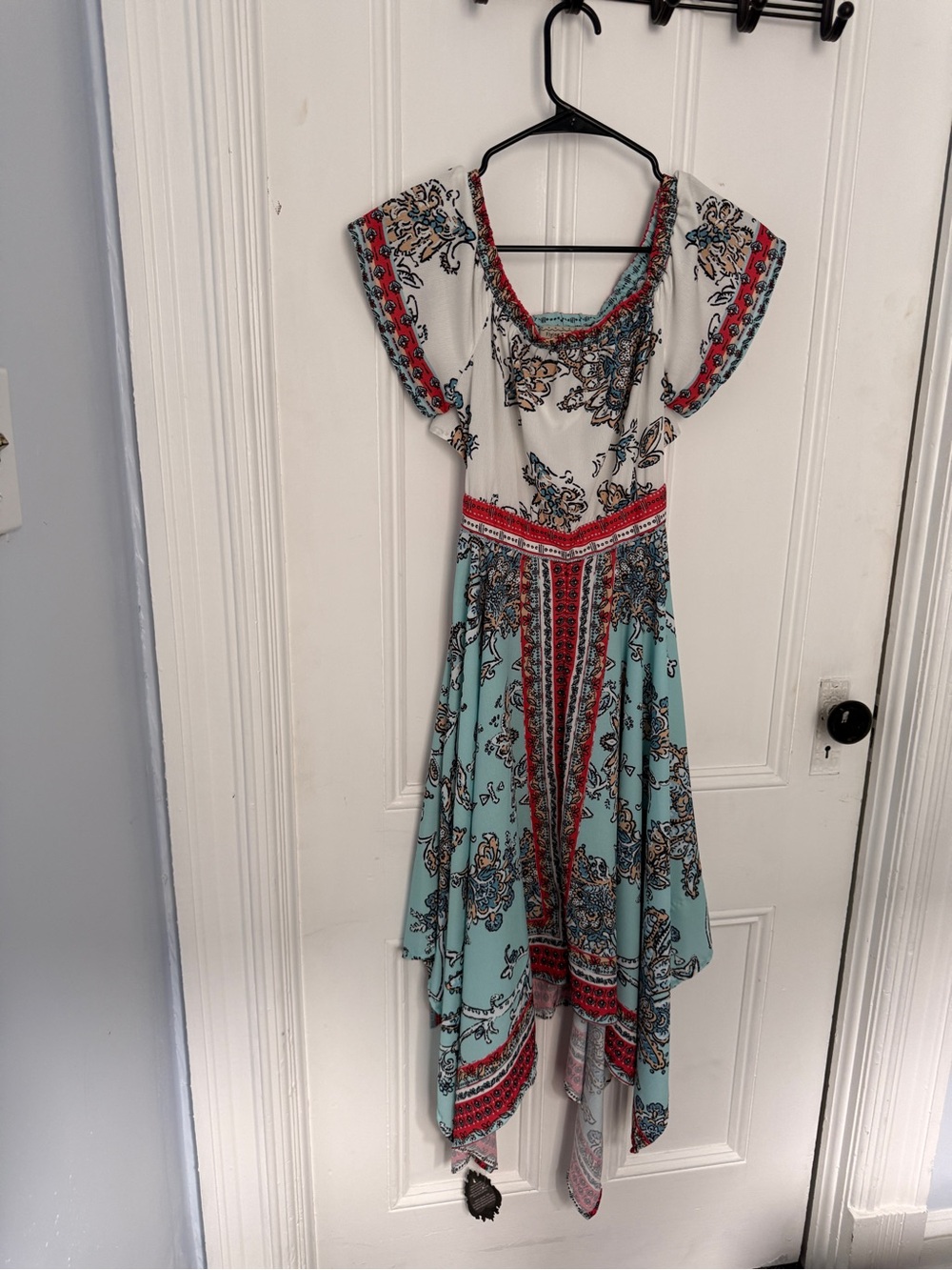 Flying Tomato Aqua, White and Red Asymmetrical Boho Maxi Dress